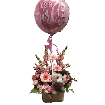 It\'s a Girl Bouquet Basket Arrangement/ Stuffed Animal/ Balloon