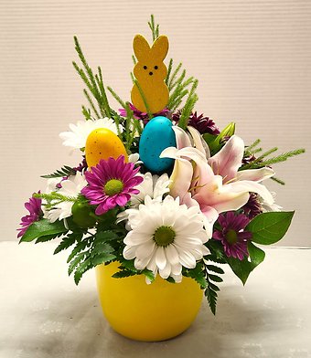 Yellow Container, Peep and Eggs Bouquet