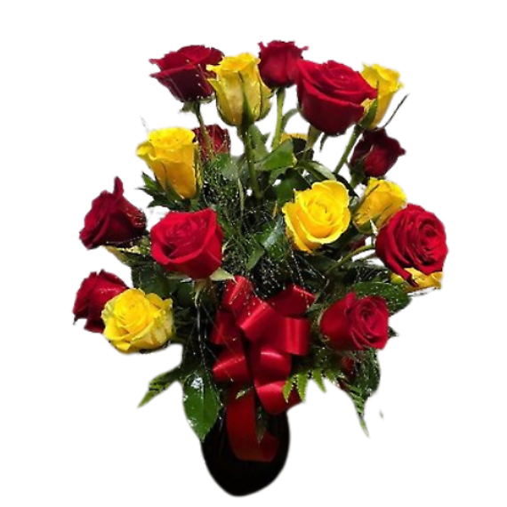 Two Dozen Red & Yellow Roses in a Red Vase Roses