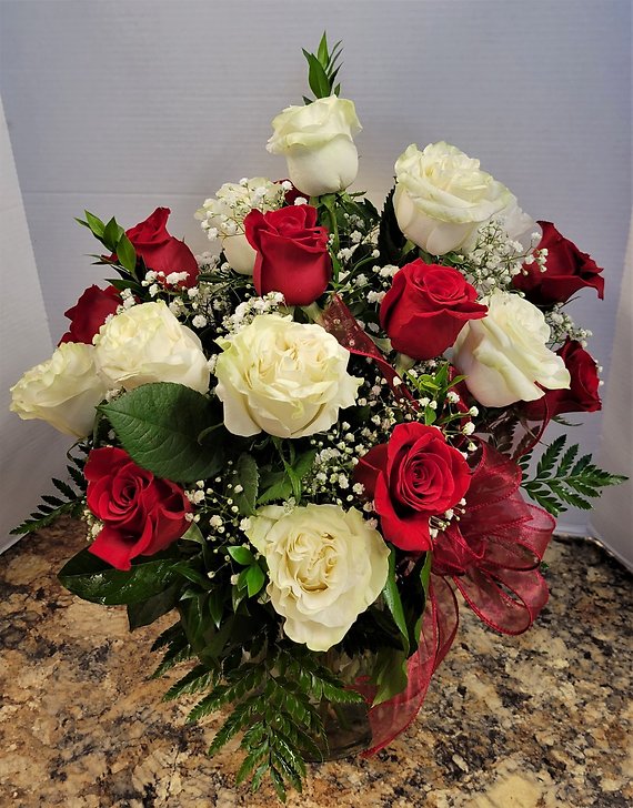 Vase of Red and White Roses