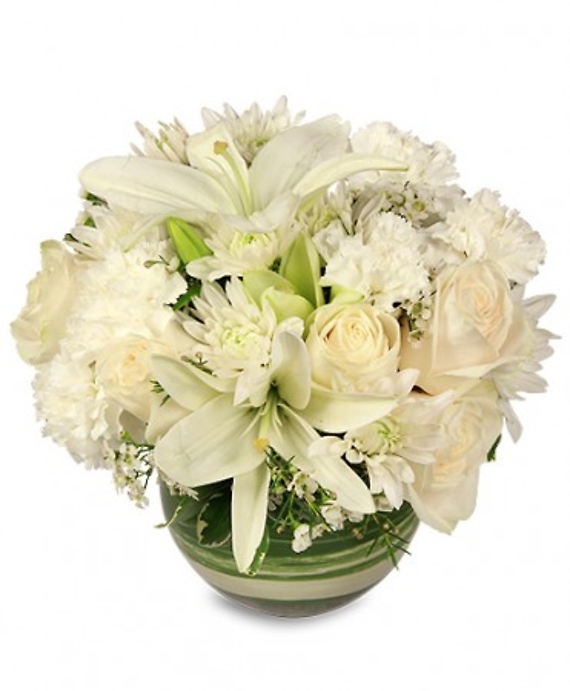 White Bubble Bowl Vase of Flowers