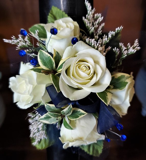 Blue and White Wrist Corsage